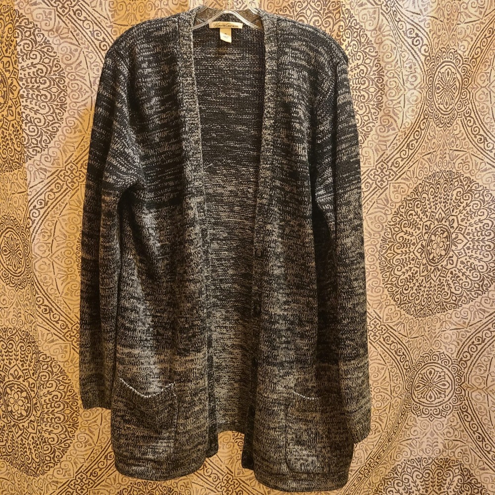Kenneth Cole Cardigan Women XL Black White Marled‎ Longline Wool Blend V-Neck